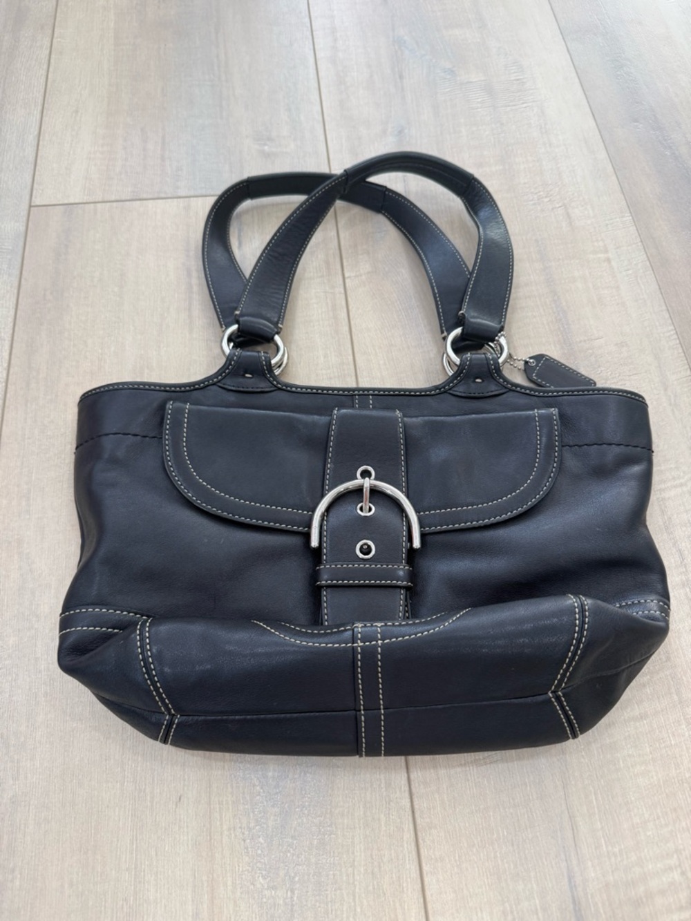 Coach Black Leather Shoulder Bag with Contrast Stitching